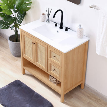 Jasper Rattan Modern Coastal 2-Shelf Bath Vanity Cabinet Only (Sink Basin Not Included)